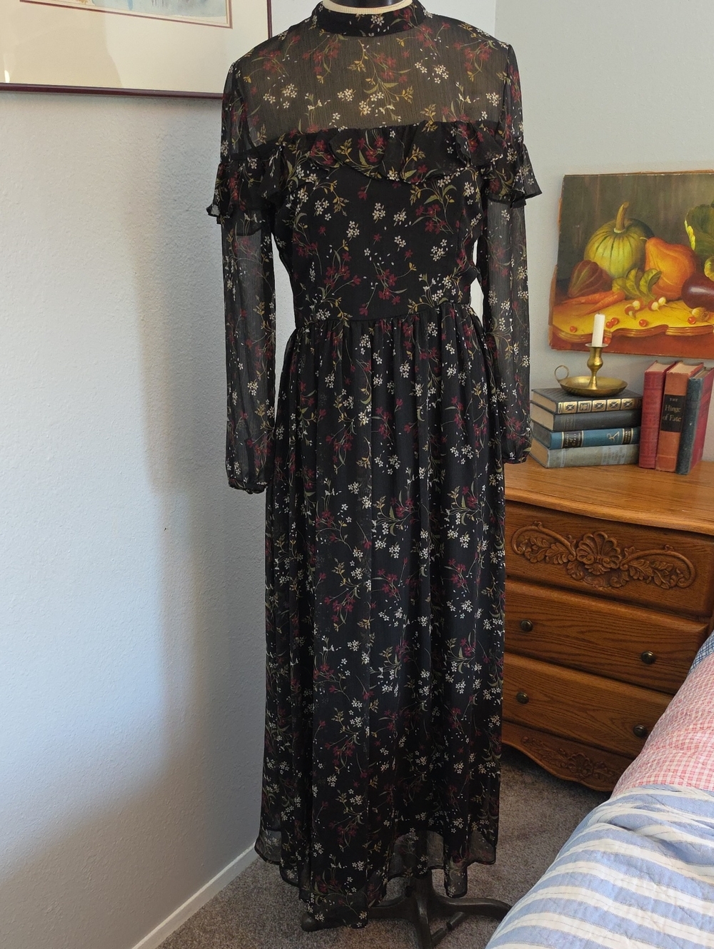 BB Dakota Black Floral Sheer Yoke Maxi Dress Ruffles Witchy Goth Whimsigoth